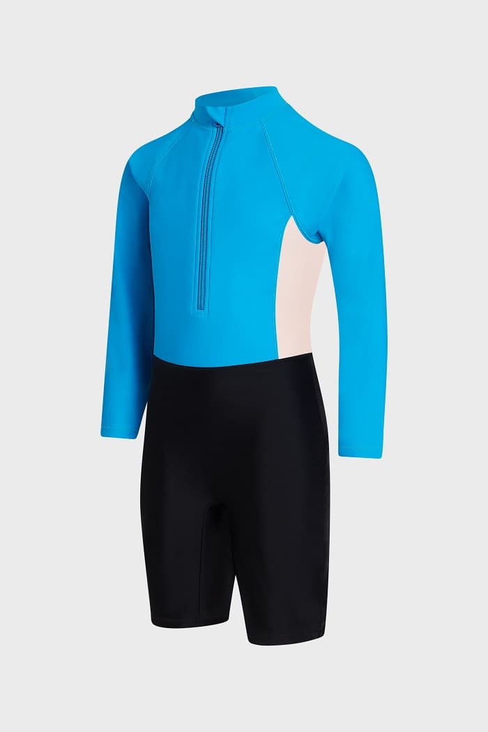 Bright blue kids wetsuit ghost mannequin